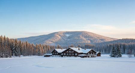 Charming wooden house in winter wonderland mountain landscape sceneの写真素材
