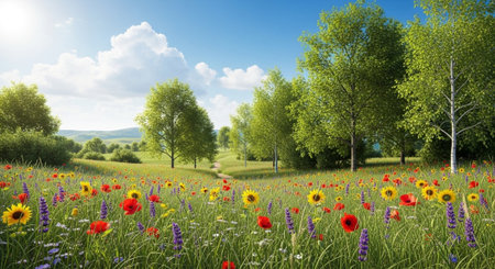 Scenic summer meadow with wildflowers and distant rolling hills