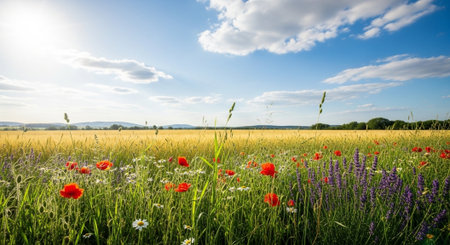 Scenic field of wildflowers under a bright sunny skyの写真素材