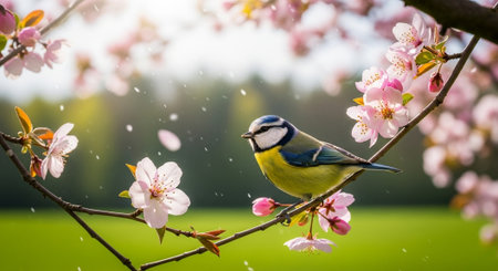 Blue Tit bird perched on blooming cherry tree branchの写真素材