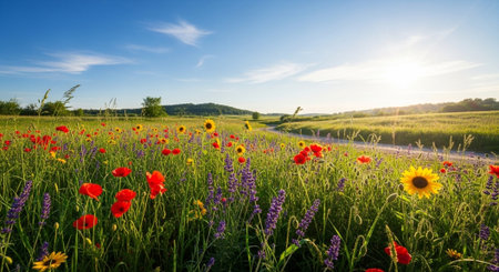 Summer meadow with wildflowers and path in the distanceの写真素材