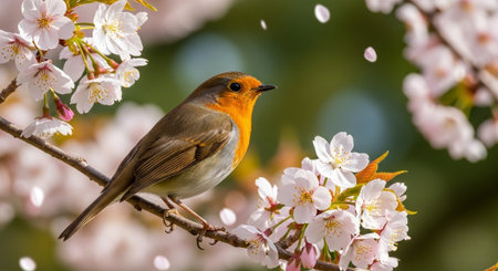 European Robin perched on cherry blossom branch in springtimeの写真素材