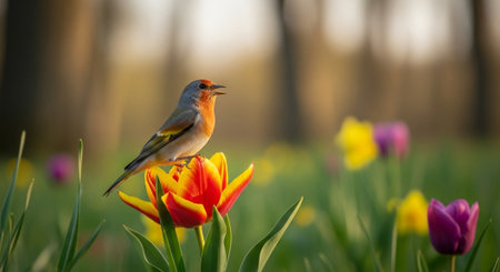 Small bird perched on tulip flower in spring garden