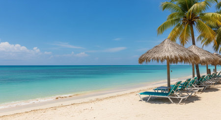 Tropical beach with turquoise water, palm trees and chairsの写真素材