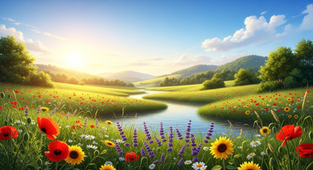 Scenic river flows through wildflower meadow at sunriseの写真素材