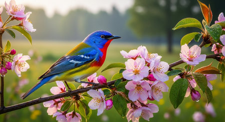 Painted Bunting perched on blooming cherry tree branchの写真素材