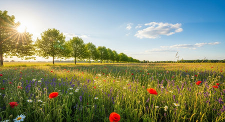 Summer meadow with wildflowers, trees and bright sunlight backdrop
