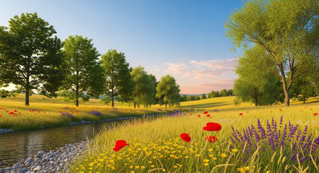 Tranquil landscape featuring a stream flowing through meadowの写真素材