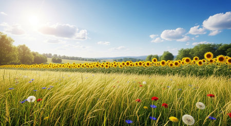 Vibrant sunflower field with wildflowers under a bright skyの写真素材
