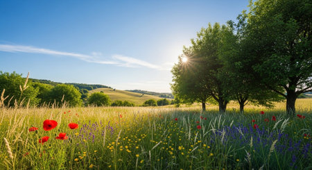 Idyllic meadow with wildflowers, trees and clear blue skyの写真素材