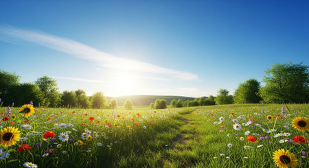 Scenic wildflower meadow under a bright blue summer sky