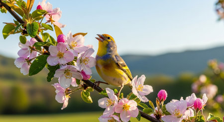 Verdin perched amidst blooming apple blossoms in springtime beautyの写真素材