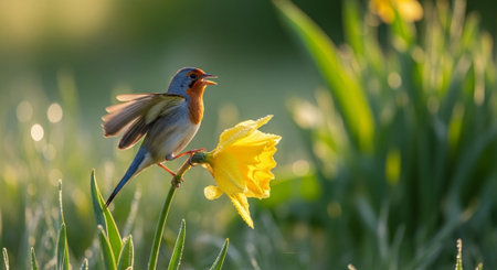 Robin perched on daffodil flower in early morning lightの写真素材