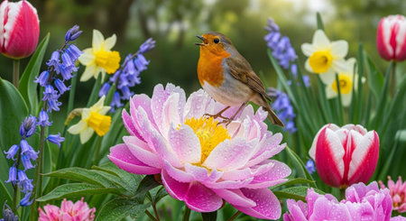 European robin perched on a pink peony in spring gardenの写真素材