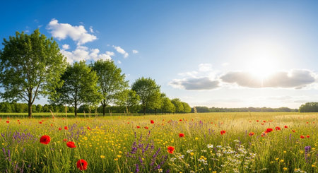 Vibrant wildflower meadow on a bright sunny day landscapeの写真素材