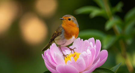 European Robin perched gracefully on a delicate pink peonyの写真素材