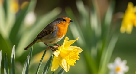 European robin perched delicately on bright yellow daffodil flowerの写真素材