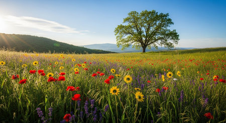Scenic field with wildflowers, tree and clear blue skyの写真素材