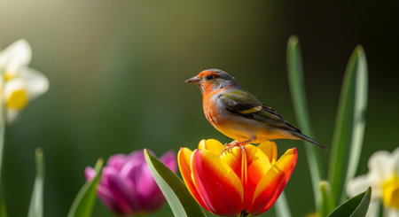 Colorful bird perched on tulip in spring garden settingの写真素材