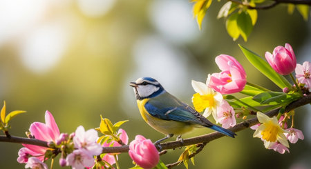 Eurasian blue tit bird among springtime blossoms and flowersの写真素材