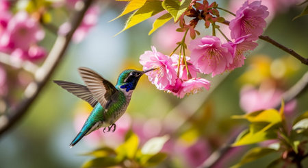 Hummingbird feeding on pink blossoms in vibrant spring settingの写真素材