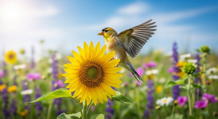 Bird landing on sunflower in a colorful wildflower meadowの写真素材