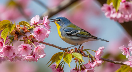 Northern parula bird perched among vibrant pink cherry blossomsの写真素材