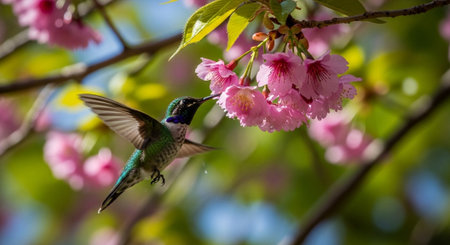 Hummingbird with Pink Cherry Blossoms in Natural Lightの写真素材