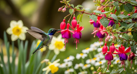Hummingbird feeding on Fuchsia flowers in garden setting