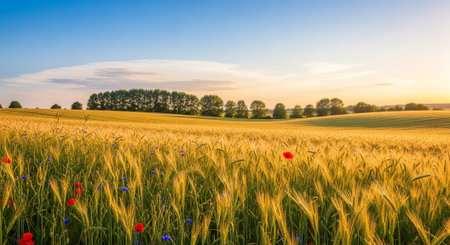 Golden wheat field with blue sky and wildflowersの写真素材