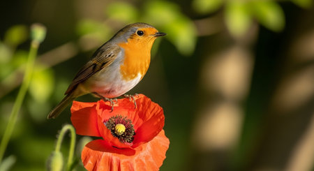 Robin perched on vibrant red poppy in soft lightの写真素材