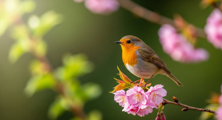 European Robin perched gracefully on blossoming cherry tree branchの写真素材