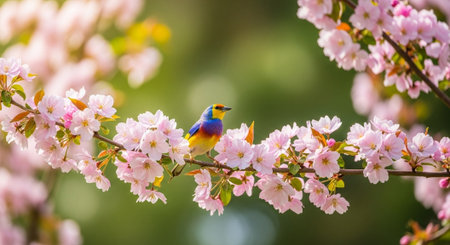 Colorful bird perched on a blooming cherry blossom branchの写真素材