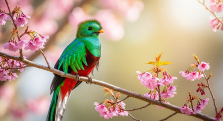 Resplendent Quetzal Bird Perched Among Blossoming Cherry Tree Branchesの写真素材