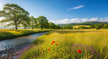 Idyllic meadow with stream wildflowers and blue skyの写真素材