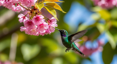 Hummingbird feeding on pink cherry blossom flower in springの写真素材