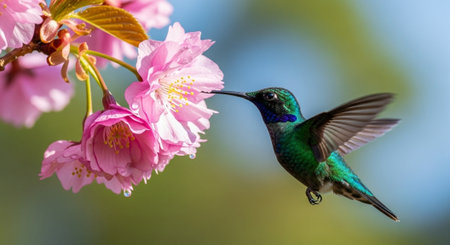 Hummingbird feeding on pink cherry blossoms in spring light