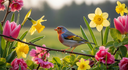 Colorful Bird among Pink Tulips and Yellow Daffodils in Springの写真素材