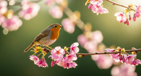 Robin bird perched on a blooming cherry blossom branchの写真素材
