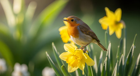 European robin perched on a daffodil flower in springtimeの写真素材