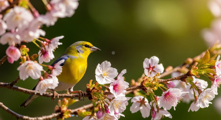 Japanese white-eye bird perched on cherry blossom branchの写真素材