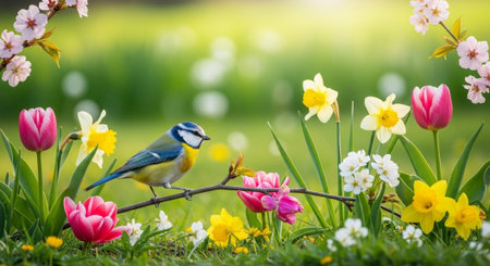 Eurasian blue tit bird in spring garden flowers sceneryの写真素材