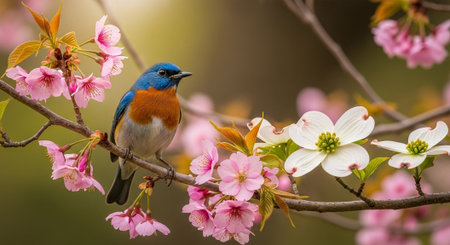 Eastern Bluebird perched among blossoming cherry and dogwood branchesの写真素材