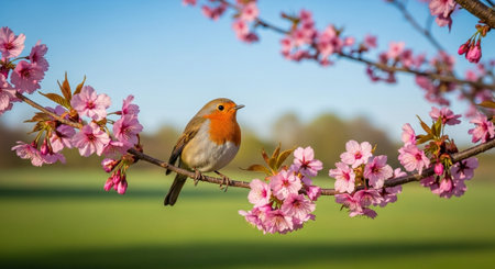 European Robin perched on blooming pink cherry blossom branchの写真素材