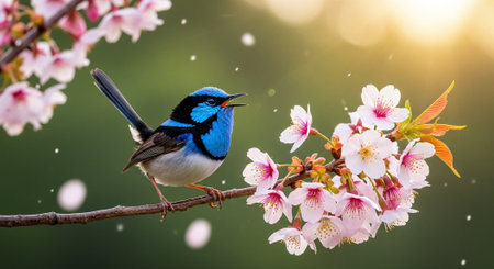 Vibrant Blue Fairy Wren perched on Cherry Blossom branchの写真素材