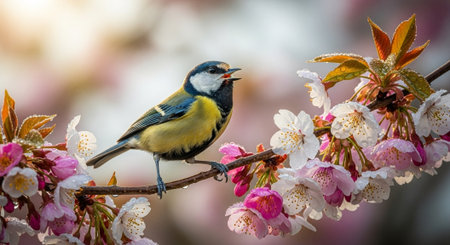 Great tit bird perched amidst blooming cherry blossom branchの写真素材
