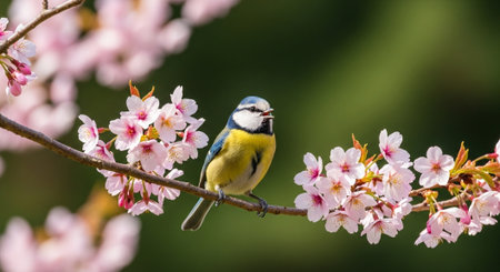 Blue tit singing perched on cherry blossom branch outdoorの写真素材