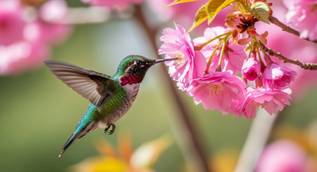 Hummingbird gracefully feeding on pink cherry blossom nectarの写真素材