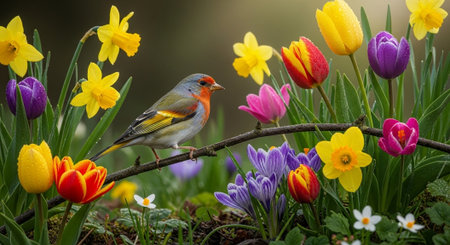 Spring finch bird amidst colorful flowers in a gardenの写真素材