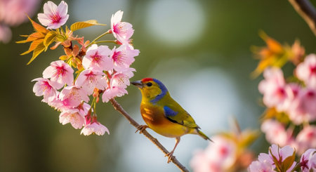 Vibrant bird rests amongst delicate pink cherry blossoms branchの写真素材